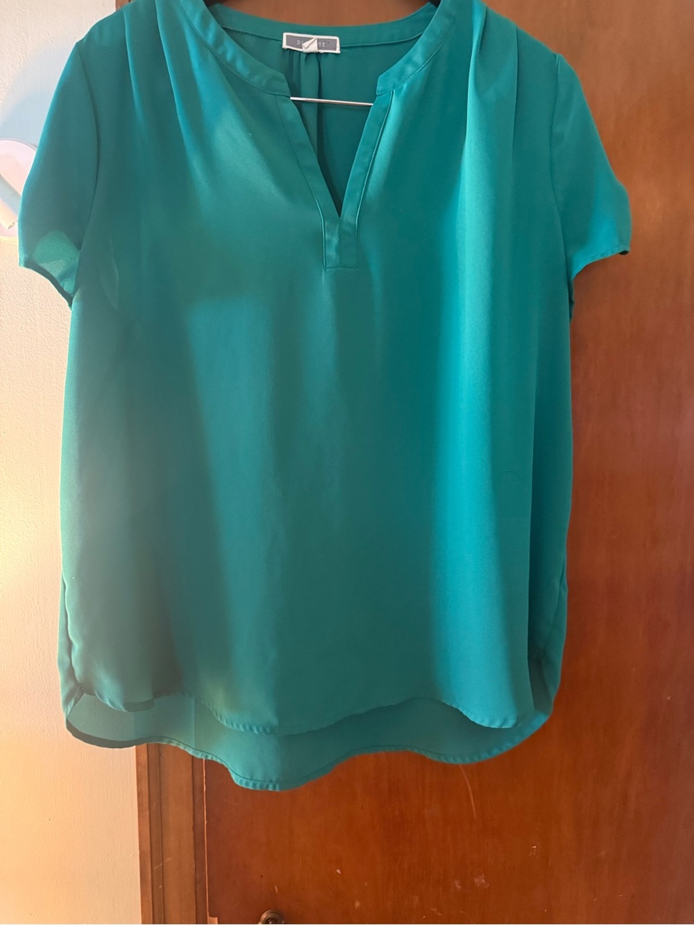 Pleione Teal V-Slit Short Sleeve Blouse
